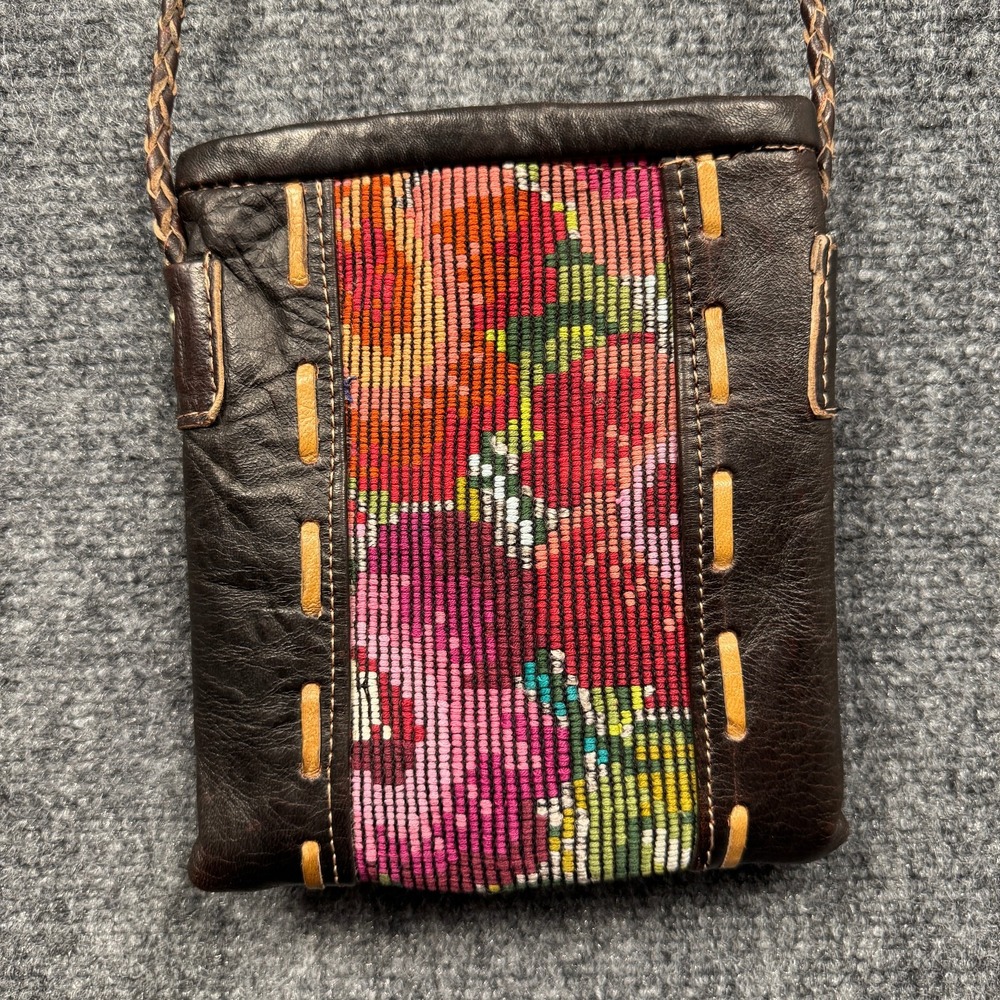 Vintage Altiplano Brown Leather and Floral Tapestry Crossbody Boho Retro Handbag